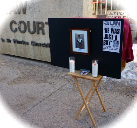 The makeshift memorial for Kyle Young outside the Law Courts Building in Edmonton. Photo taken by Author on 22 January 2014 on the 10th anniversary of the teen's death.