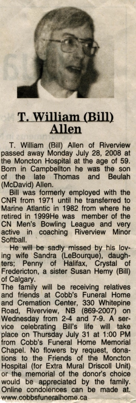 Bill Allen's Funeral Notice